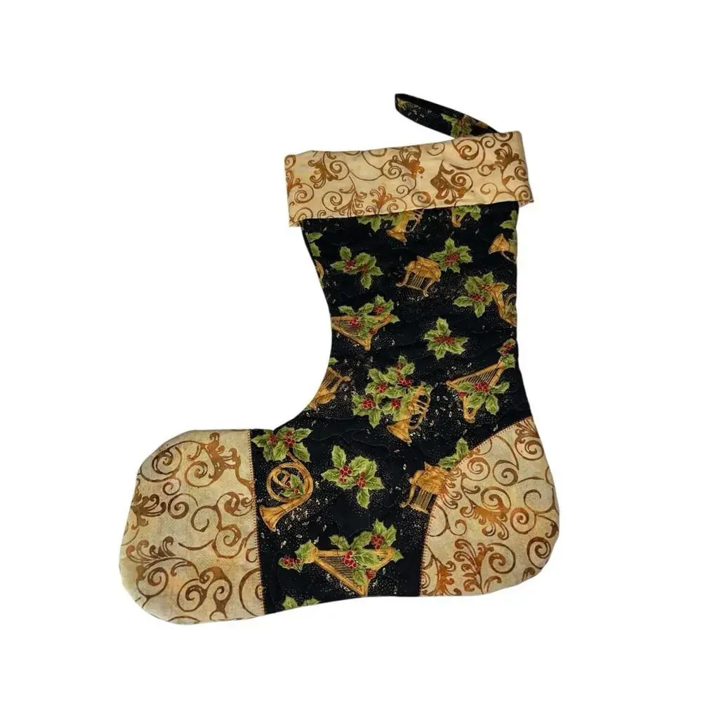 Handmade Quilted Christmas Stocking Holly Horns Gold‎ Swirl Patchwork 16